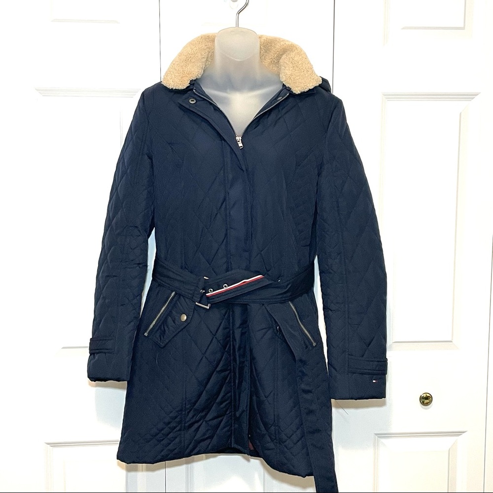 Tommy Hilfiger Belted Navy Blue Puffer Coat Medium